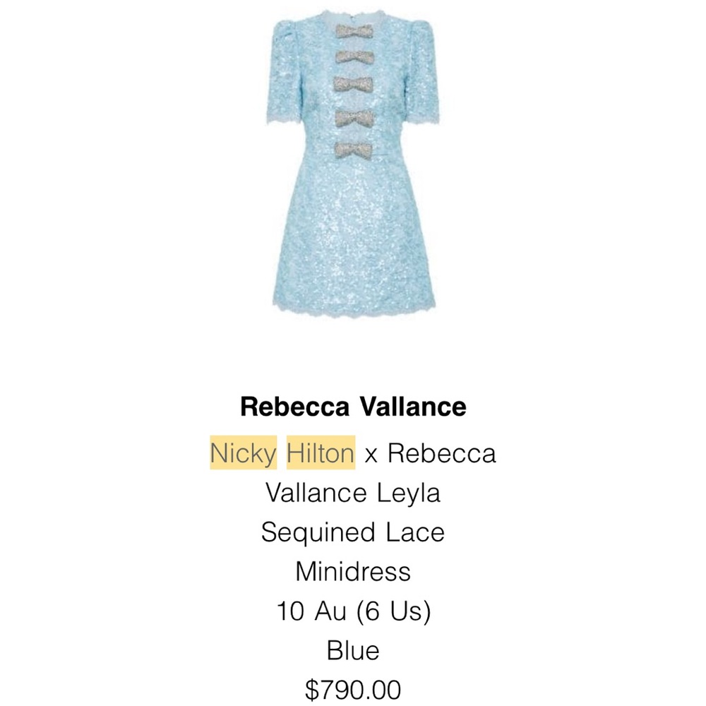 Sequined Lace Mini Dress
Nicky Hilton x Rebecca Vallance Leyla